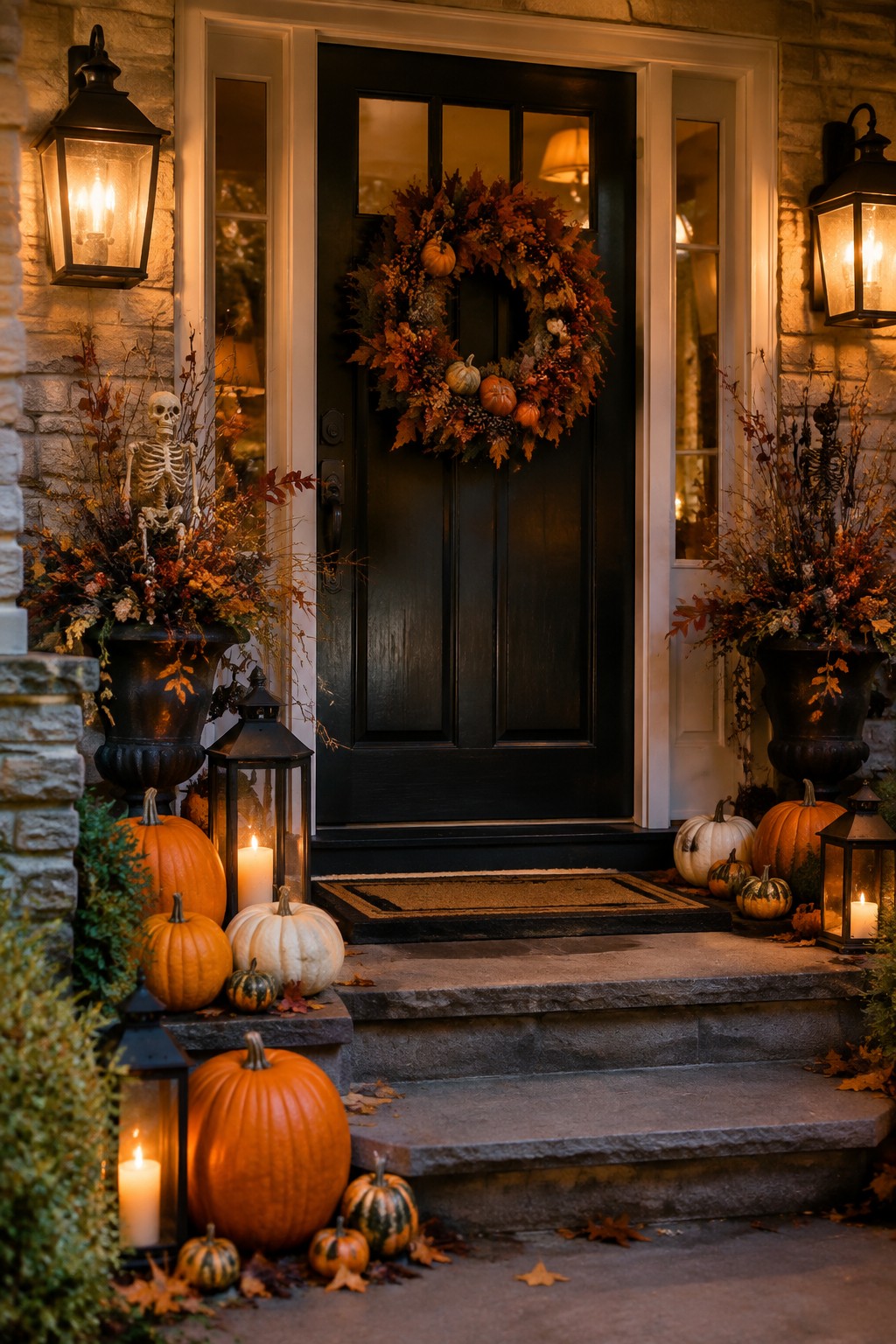 Black door with autumn wreath, pumpkins, skeletons, and glowing lanterns on stone steps.