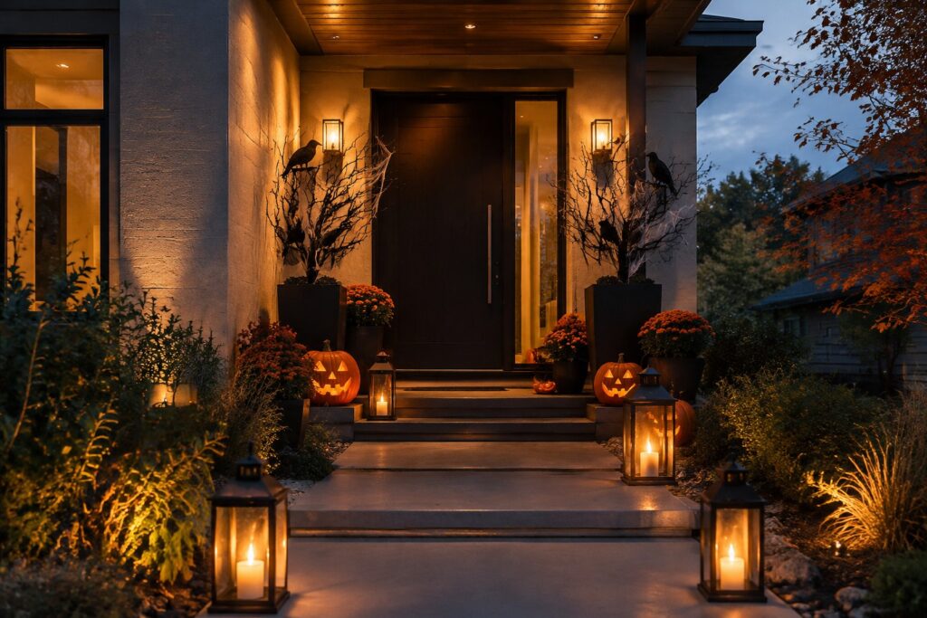 Front door with carved jack o' lanterns and lit lanterns arranged on the steps and walkway.