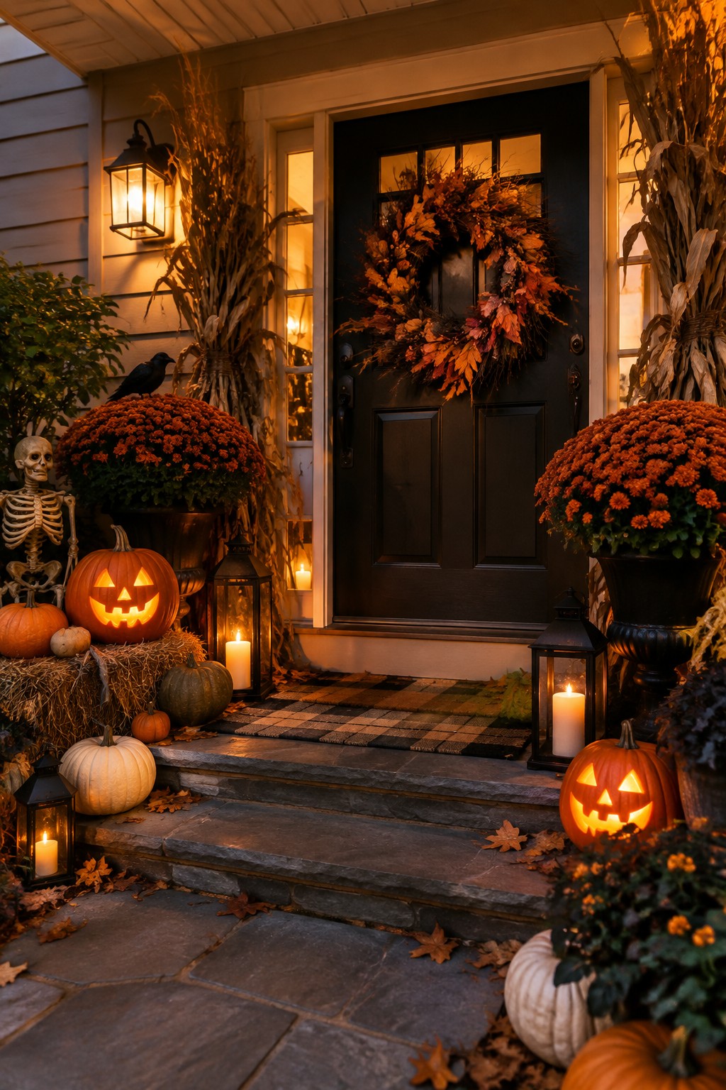 Halloween porch with glowing jack-o'-lanterns, skeleton, autumn wreath, and candlelit lanterns.