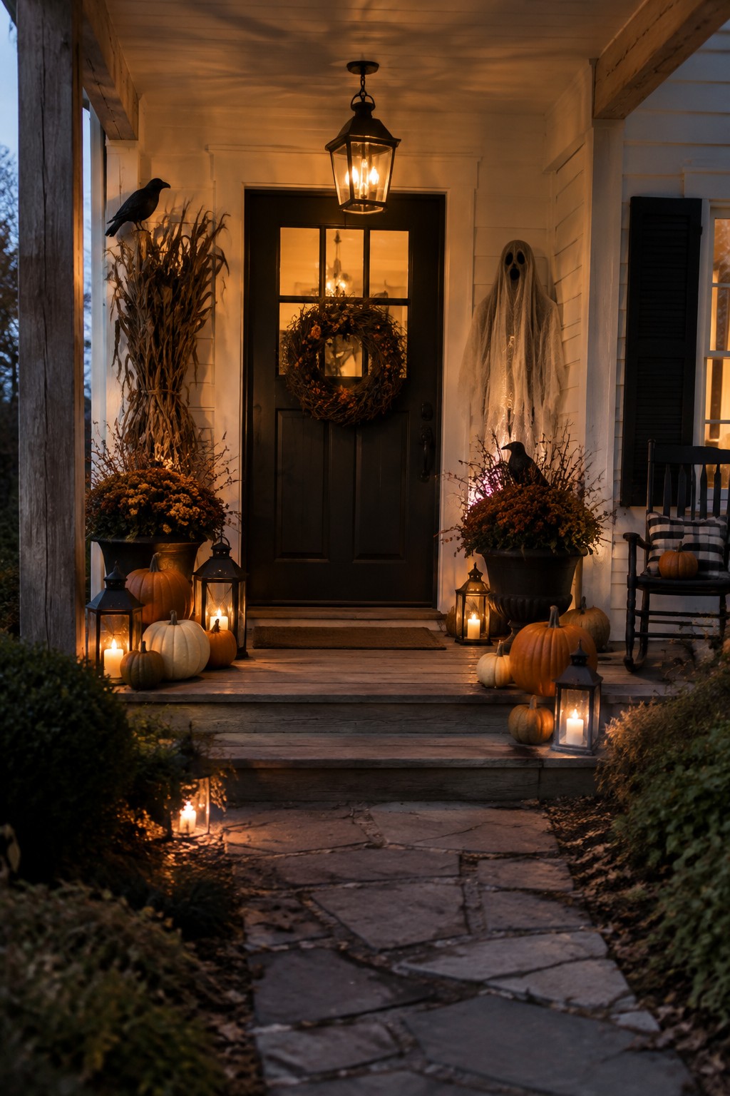 Front porch with a white ghost decoration beside a black door, surrounded by pumpkins, lanterns, and potted mums.
