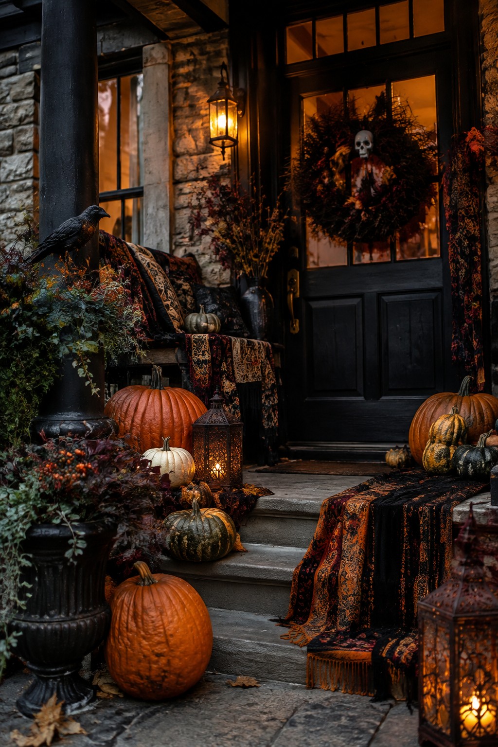 Dark front door with a large wreath holding a white skull, flanked by orange and green pumpkins and glowing lanterns on the steps.