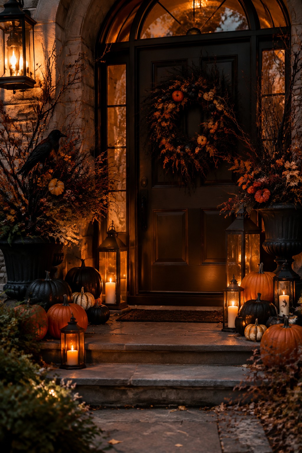 Stone front steps leading to a black door decorated with a large wreath, black and orange pumpkins, and several lit lanterns.