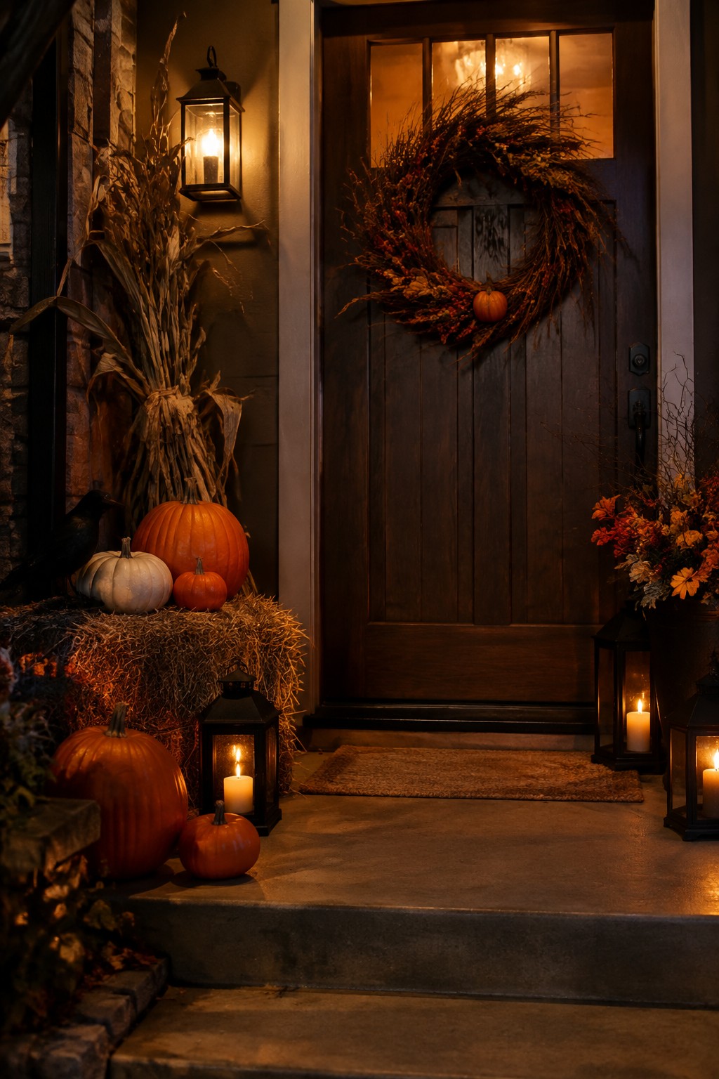 Autumn porch with pumpkins, hay bales, lanterns, crow, and wreath on door