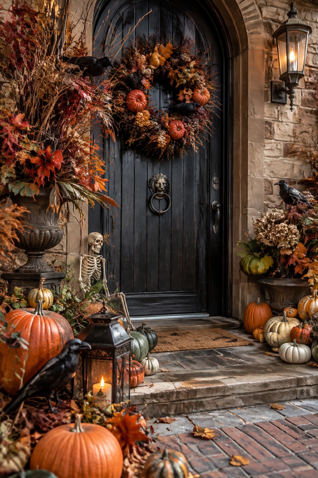 Black door with autumn wreath, skeleton, pumpkins, crows, and glowing lantern on steps.