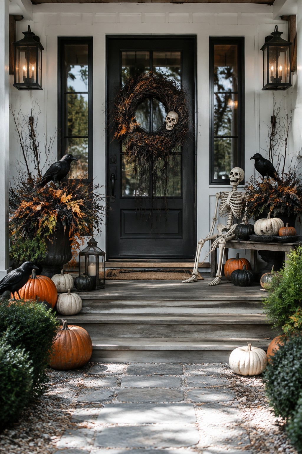 Black front door decorated with a skull wreath and a skeleton seated on a wooden bench beside pumpkins and crows on the porch.