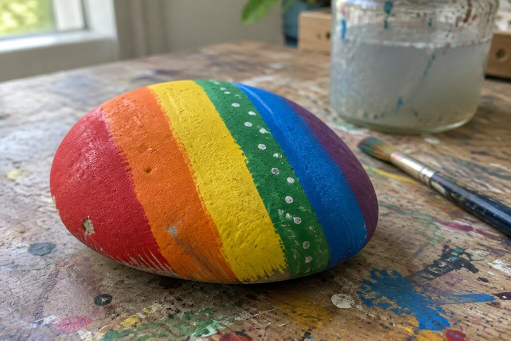 Rainbow-painted rock with stripes and dots on splattered wooden table beside brush