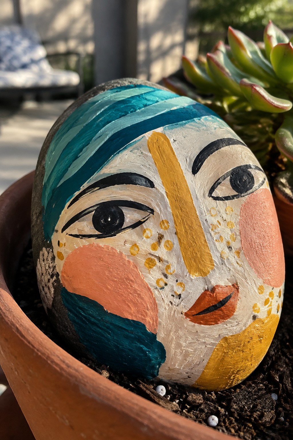 Colorful painted rock with abstract face in terracotta pot beside succulent.