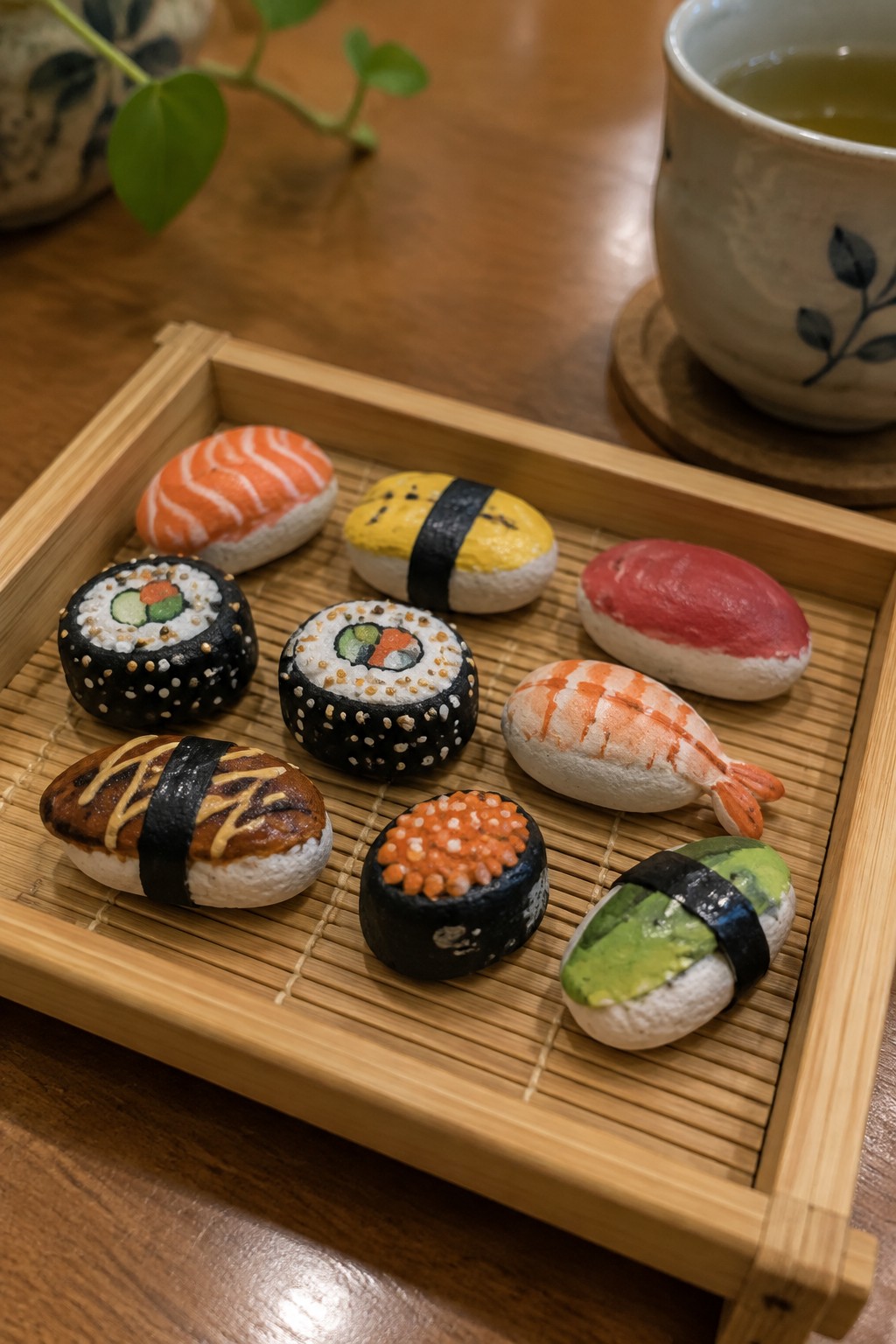 Assorted colorful sushi-shaped rocks displayed on a bamboo tray beside tea.