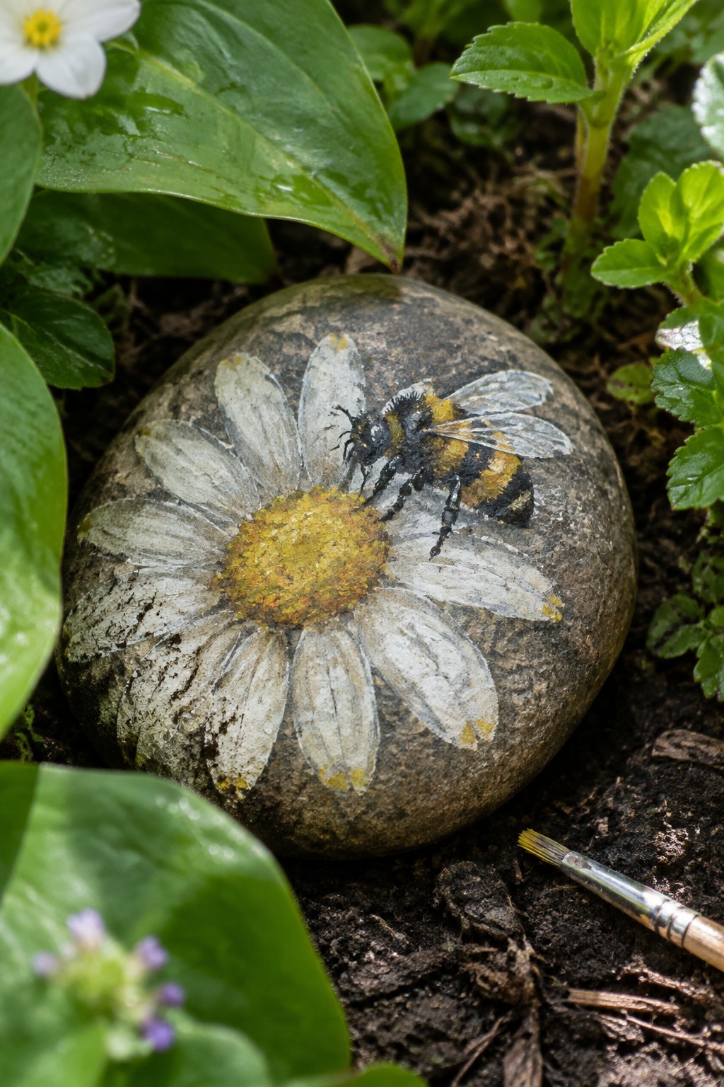 Painted gray stone with white daisy and bumblebee amid green leaves and paintbrush.