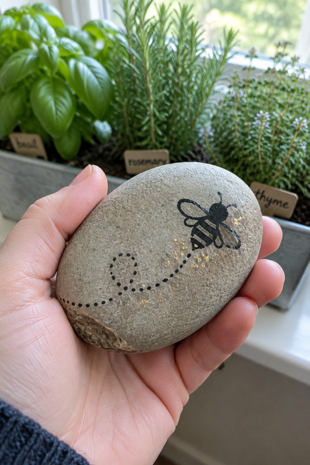 Hand holding gray stone with black bee drawing, dotted trail, and yellow dots near herb pots