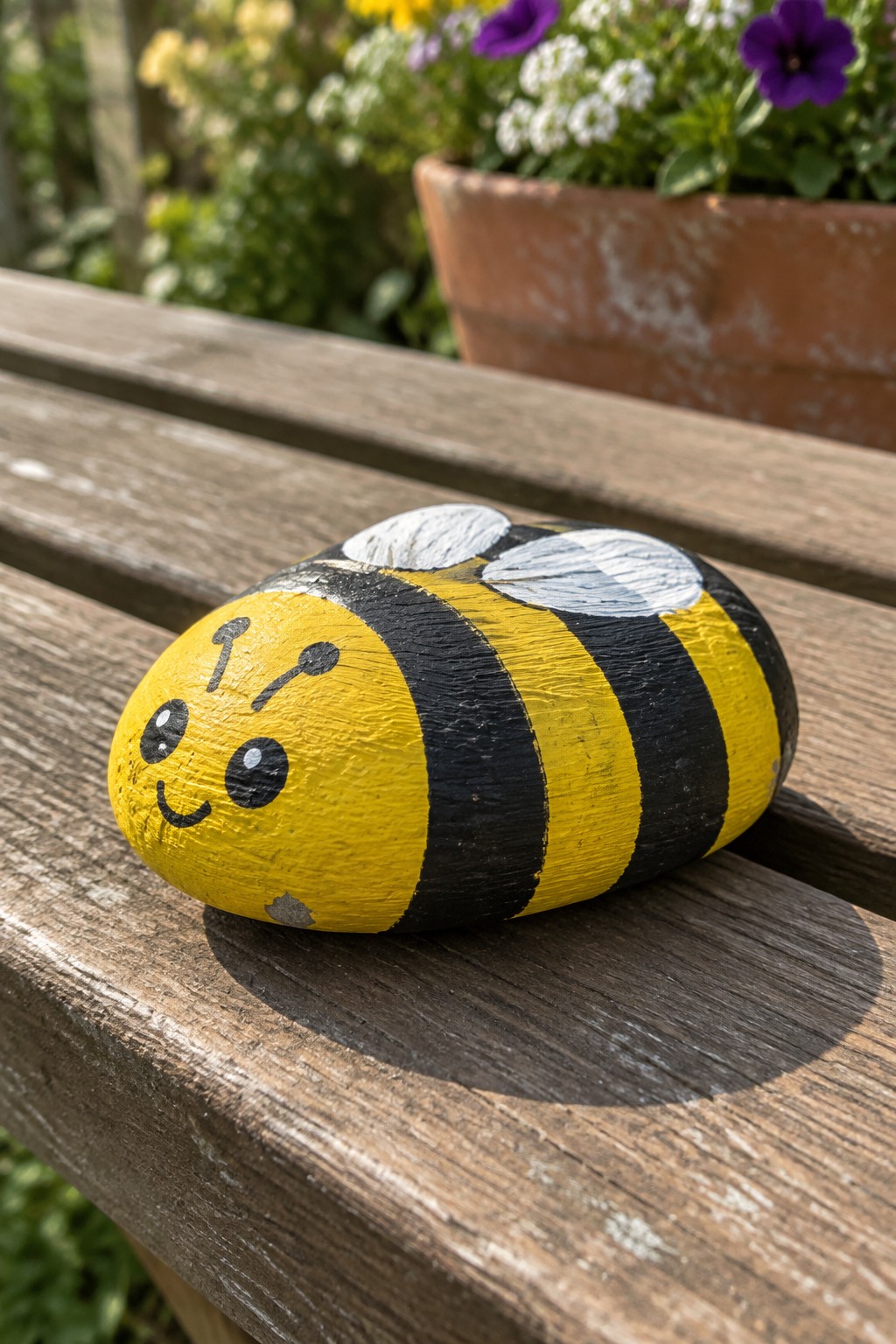 Yellow and black striped bumblebee painted on rock with cute face on wooden bench.