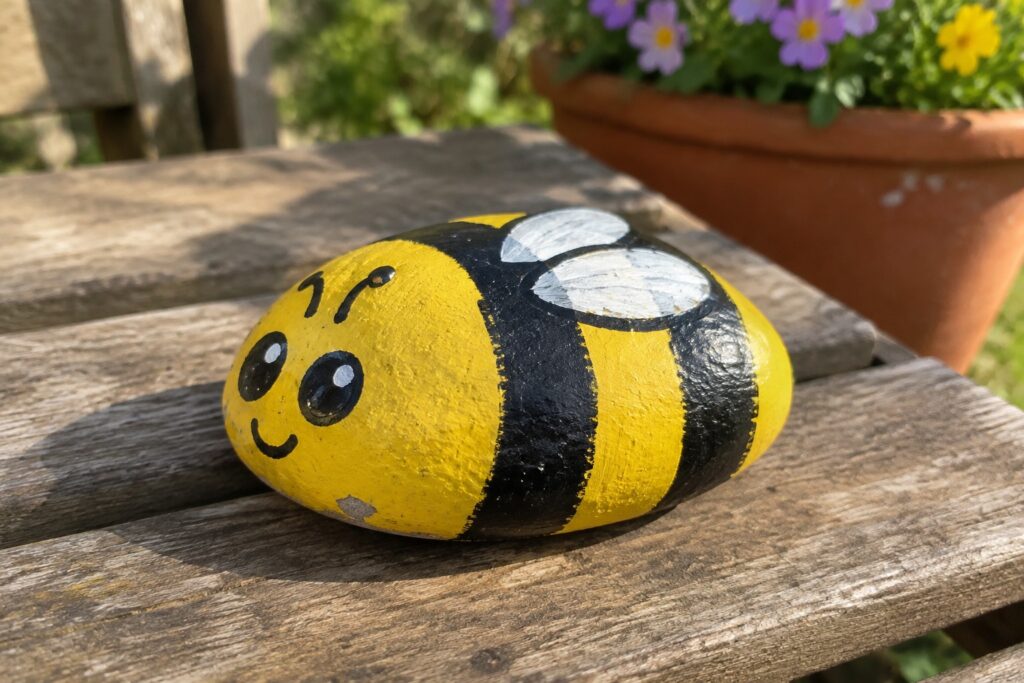 Yellow and black striped bumblebee painted on rock with cute face on wooden bench.