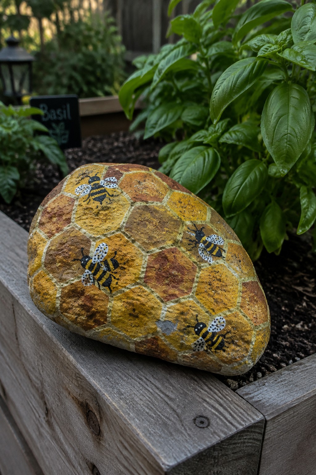 Painted rock with yellow honeycomb pattern and bees on wooden garden edge.
