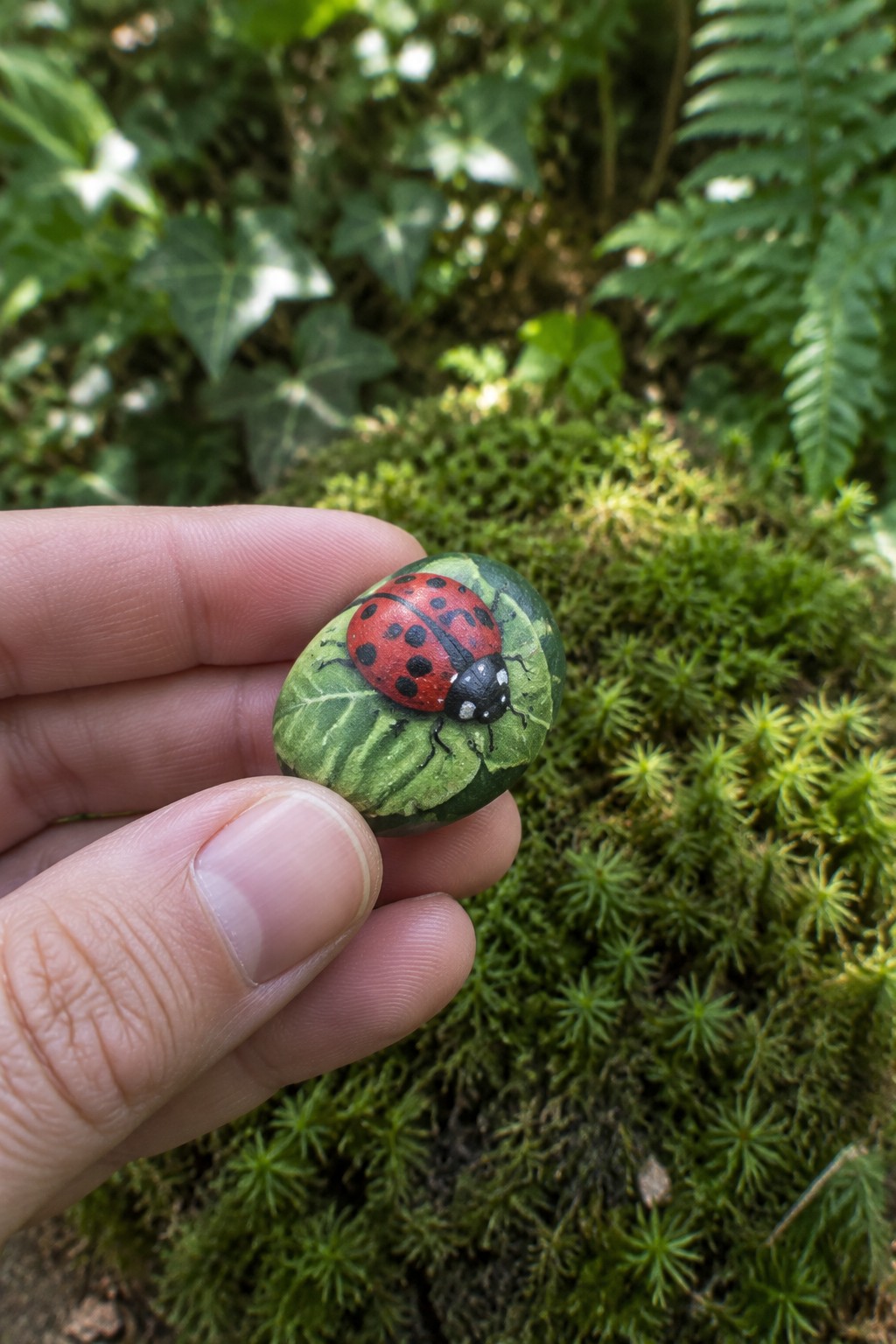 Hand holding a stone painted as red ladybug on green leaves over moss