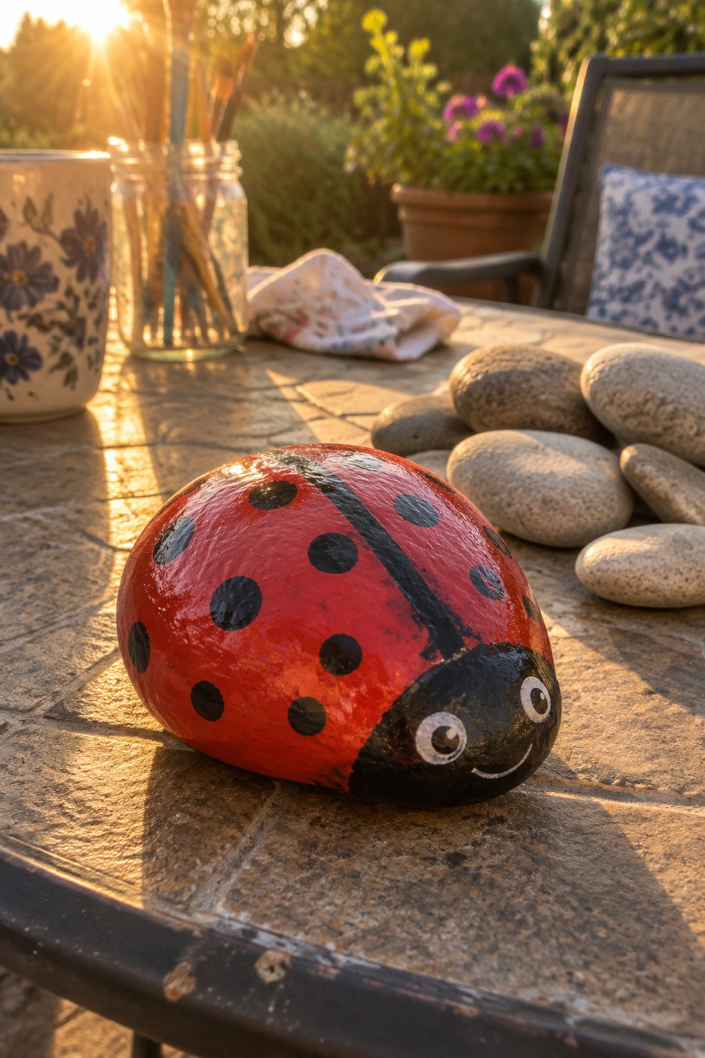 Painted red ladybug rock with black spots on sunlit outdoor stone table