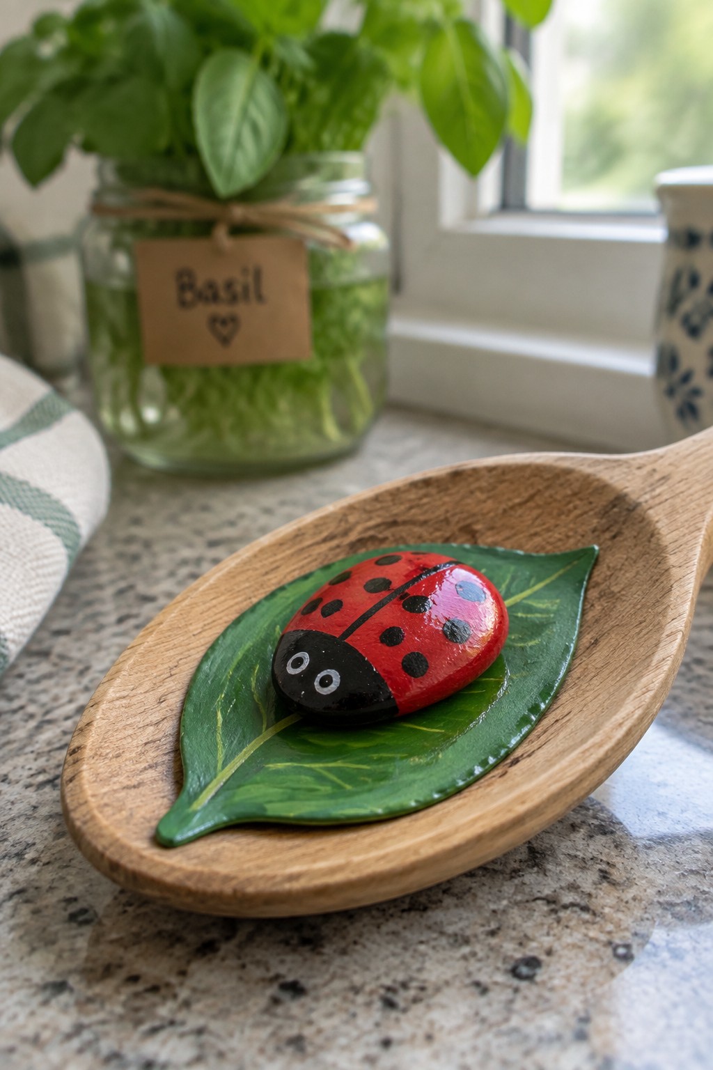 Painted red ladybug on green leaf inside wooden spoon, basil jar behind.