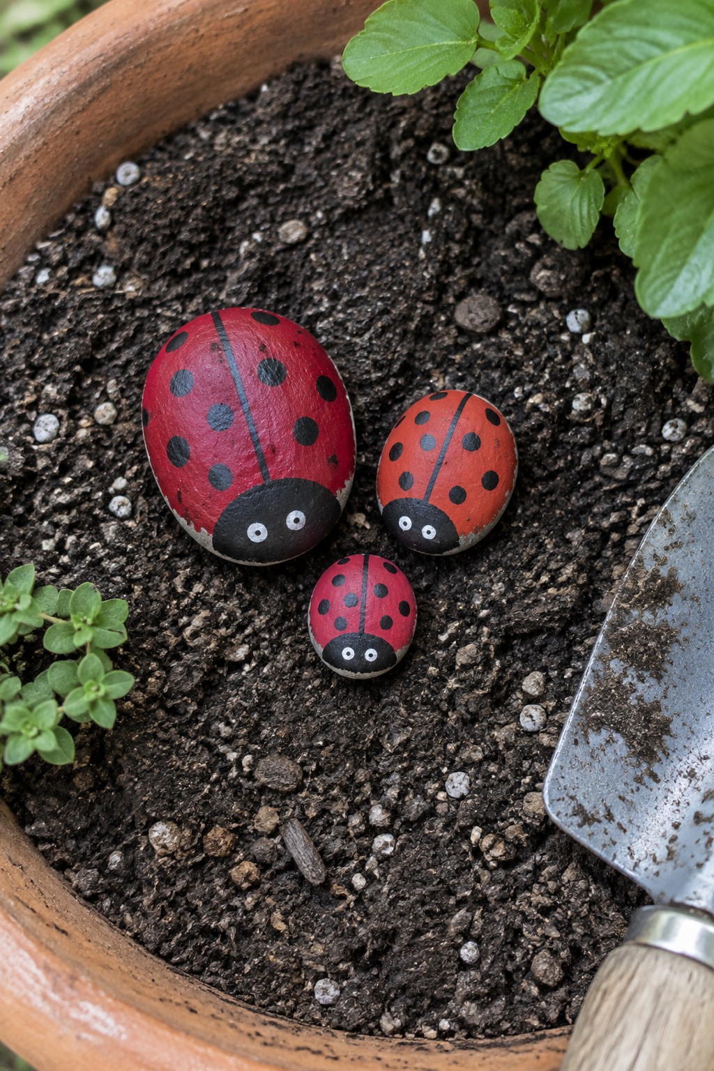 Three painted ladybug rocks in dark soil of a terracotta pot with trowel