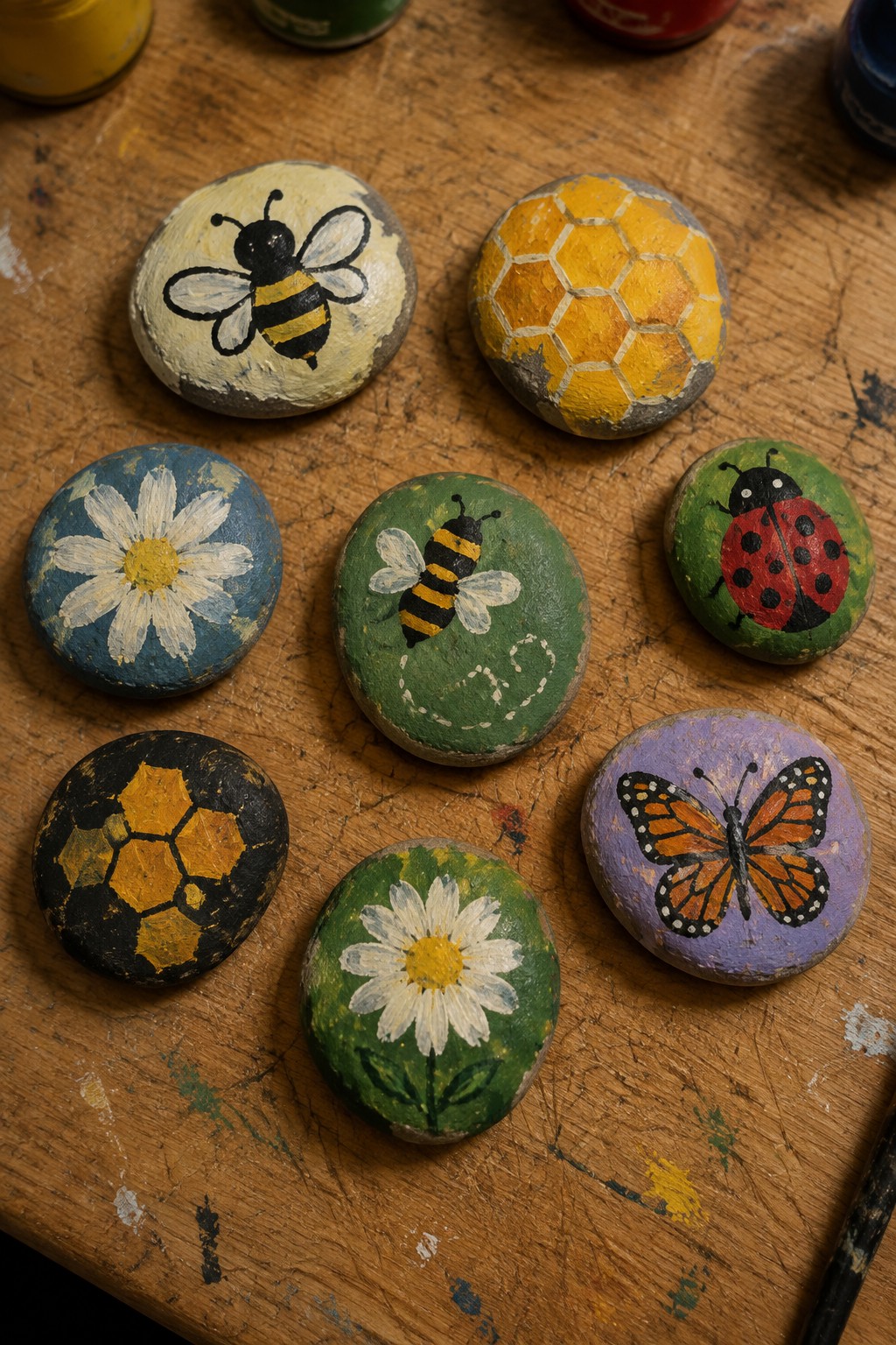 Colorful painted rocks with bees, ladybugs, butterflies, daisies, and honeycombs on wood.