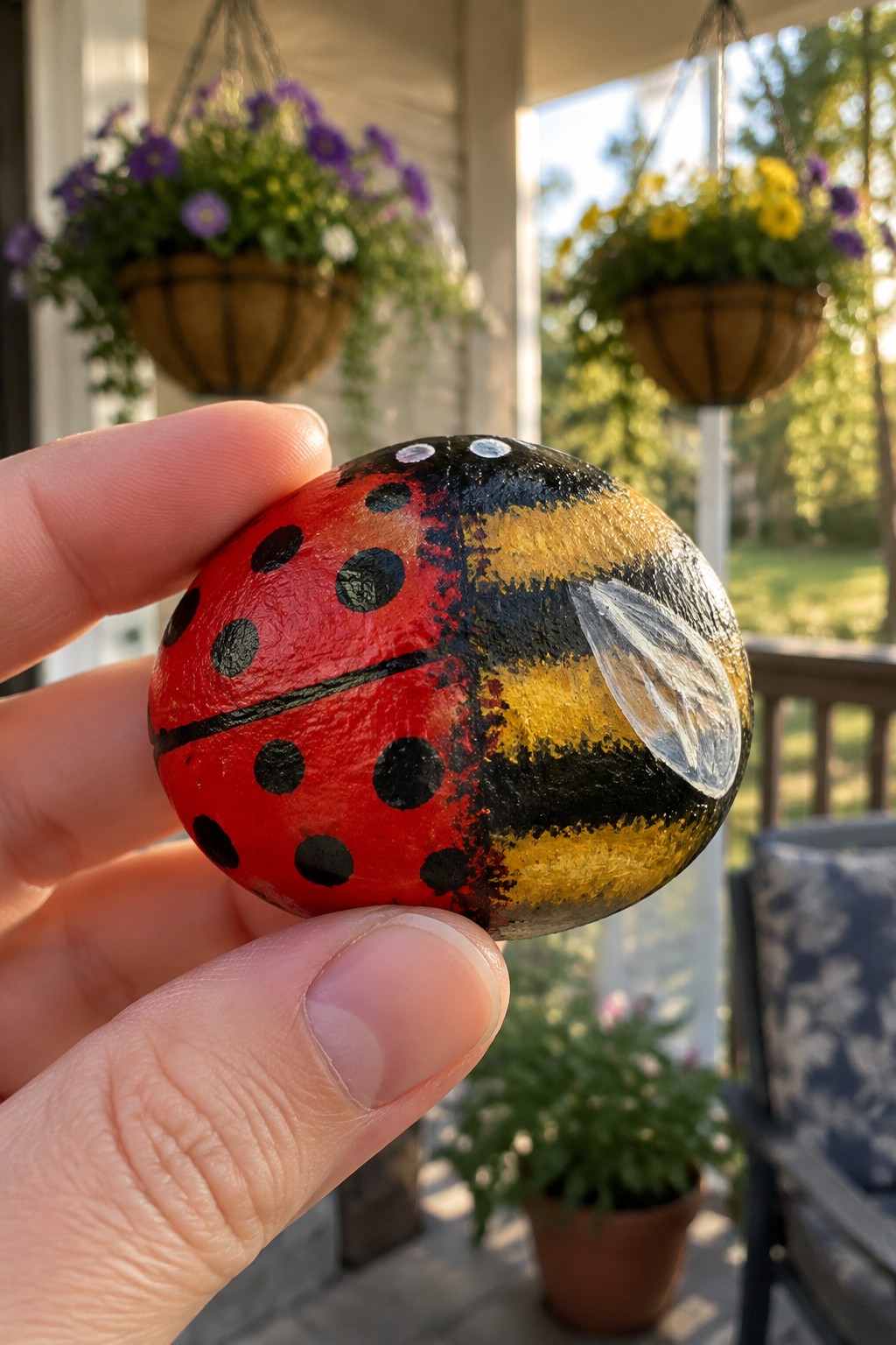 Hand holding a round rock painted half ladybug and half bee.