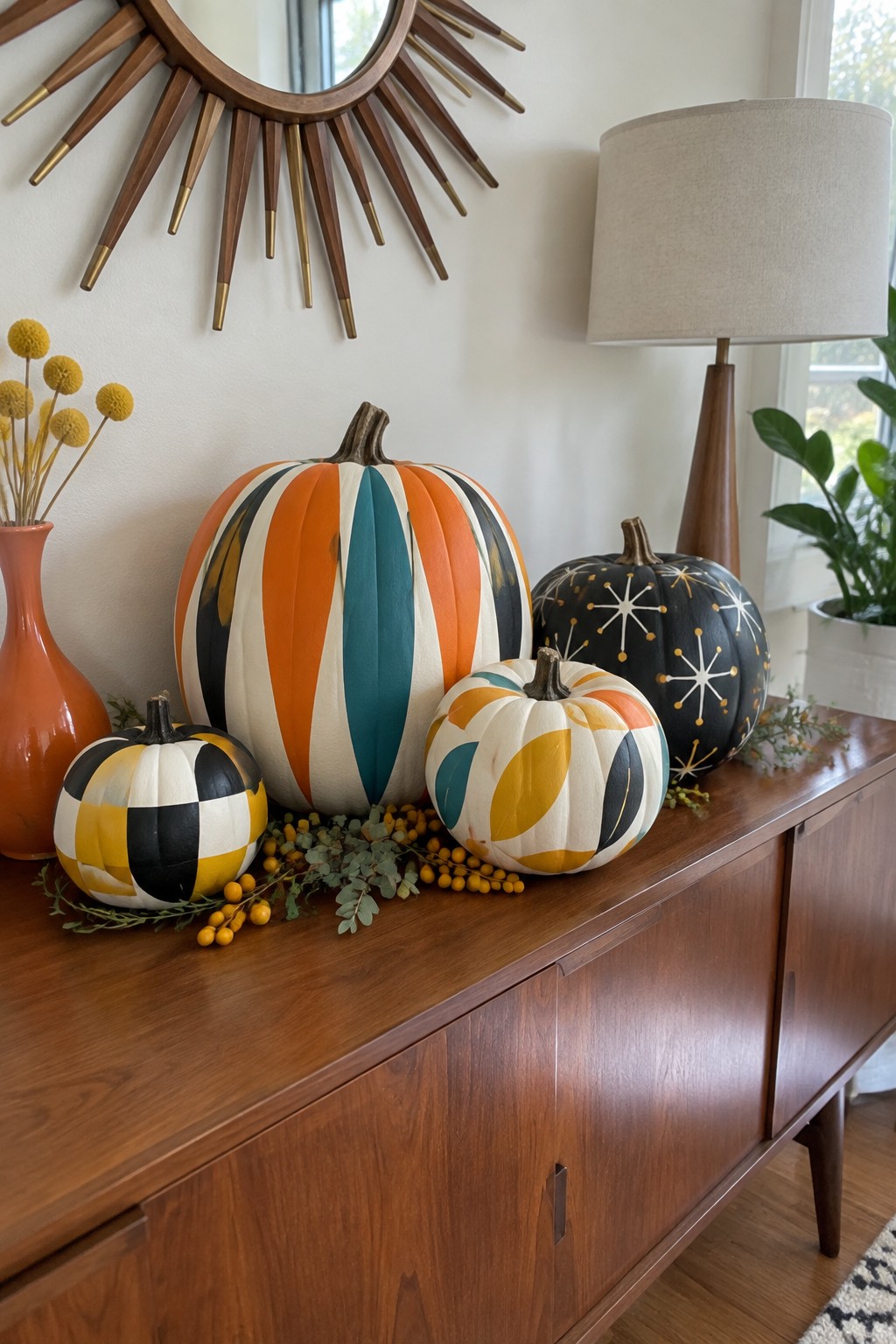 Wooden console table with several pumpkins painted in bold stripes, checks, and star patterns.