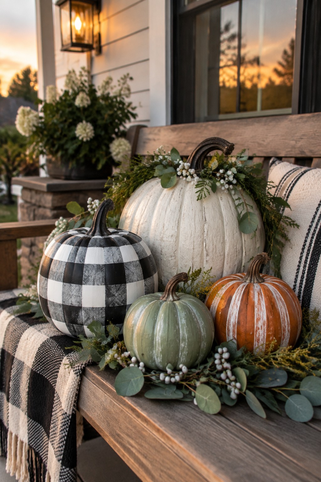 Wooden porch bench with four painted pumpkins in checkered, striped, and solid designs arranged with greenery and a plaid blanket.