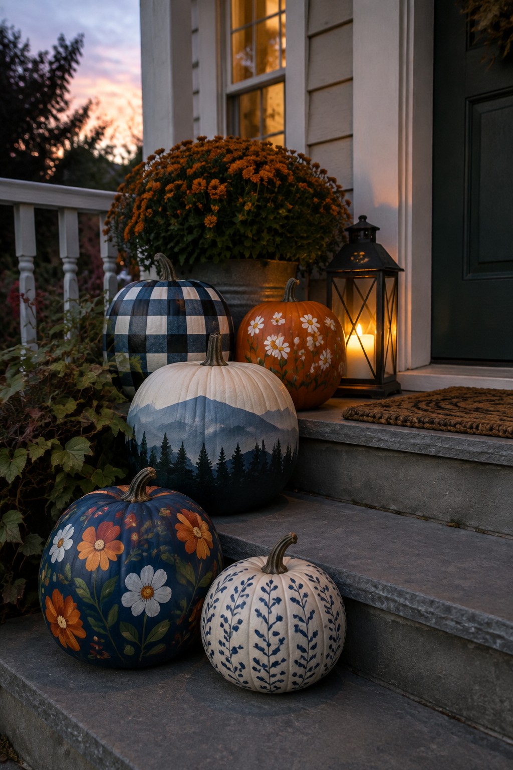 Assorted painted pumpkins with checkered, floral, and mountain designs on porch steps beside lit lantern.