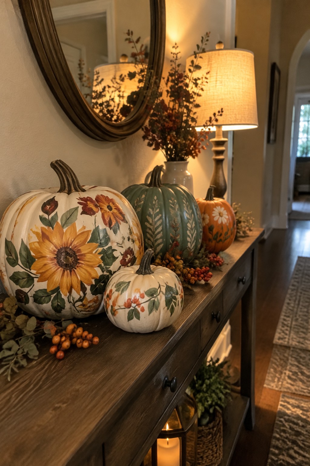 Entryway console table holding four hand-painted pumpkins with sunflower and floral designs in white, green, and orange tones.
