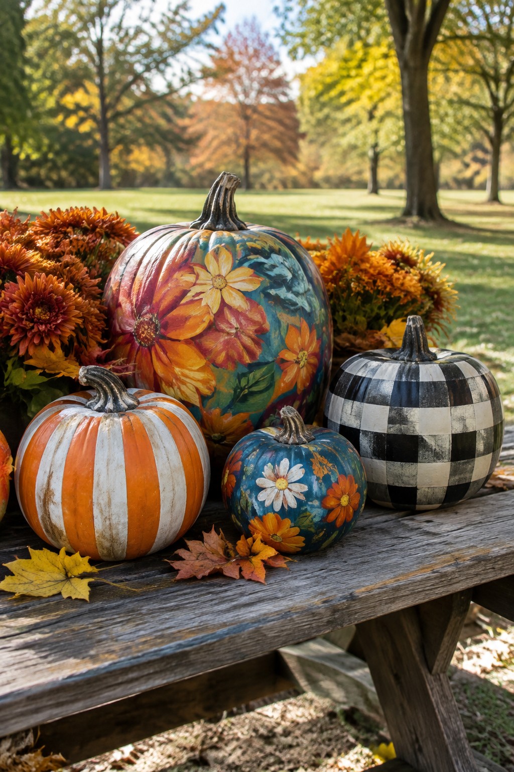 Four pumpkins with painted designs sit on a wooden outdoor bench, including a large floral pattern, orange and white stripes, a small blue floral design, and black and white checks, with orange flowers nearby.
