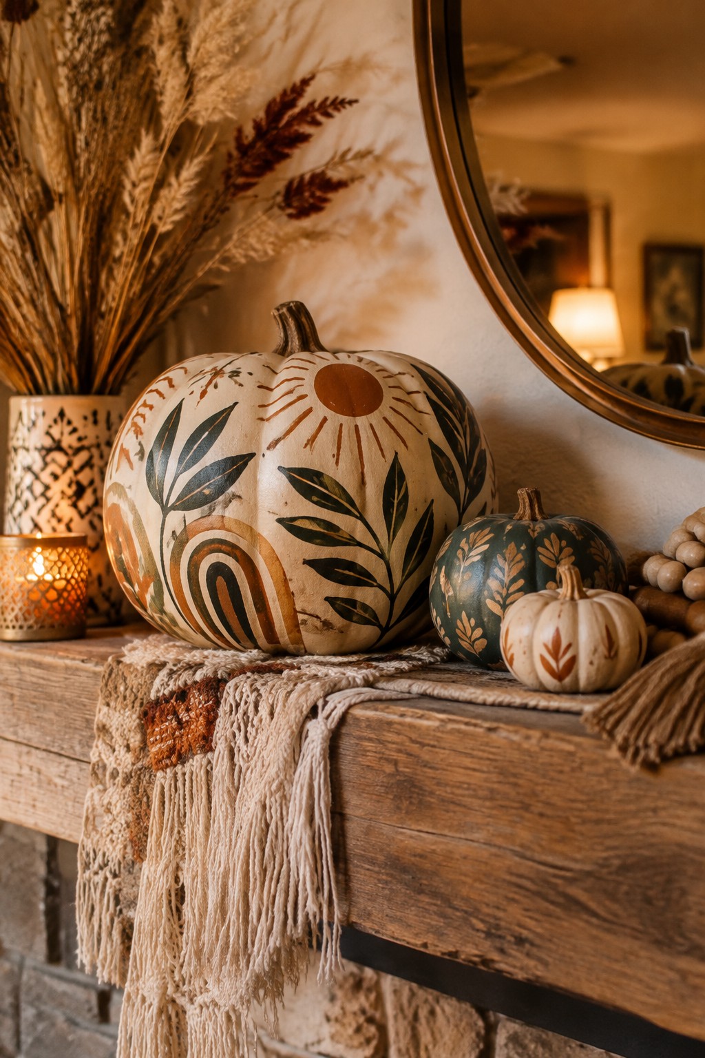 Wooden mantel with a large off-white pumpkin painted with sun, leaves, and rainbow designs, next to smaller painted pumpkins and dried grasses.