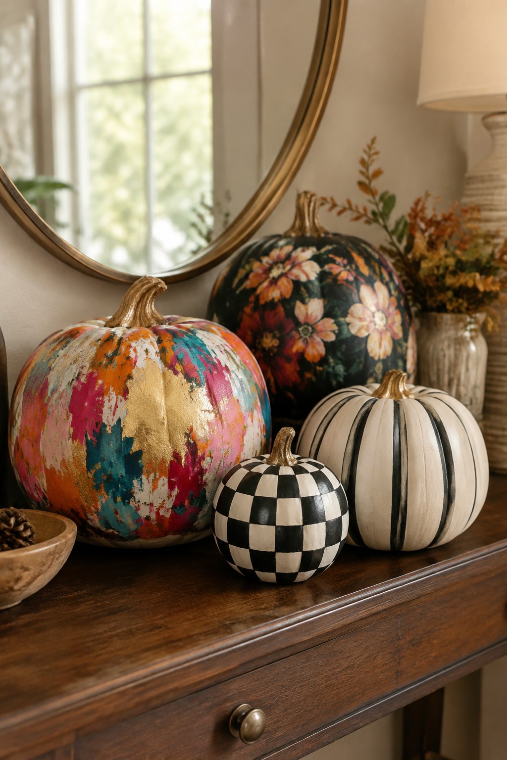 Console table with four pumpkins painted in colorful abstract, floral, black and white checkered, and striped patterns.