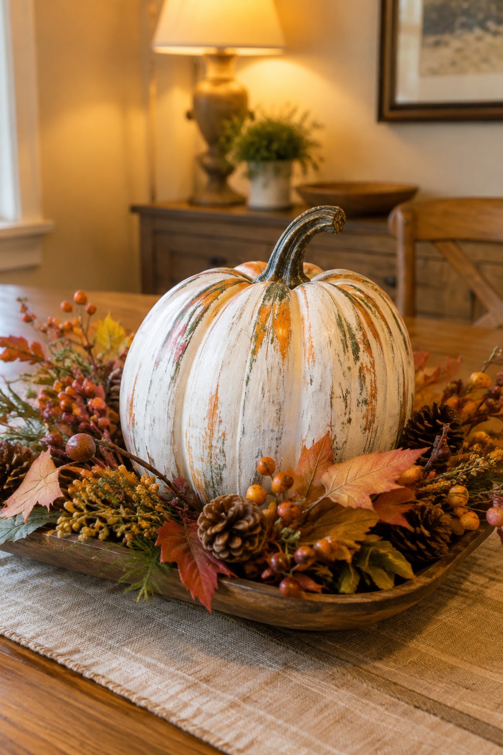 Distressed white pumpkin with orange streaks amid autumn leaves, berries, and pinecones in wooden bowl