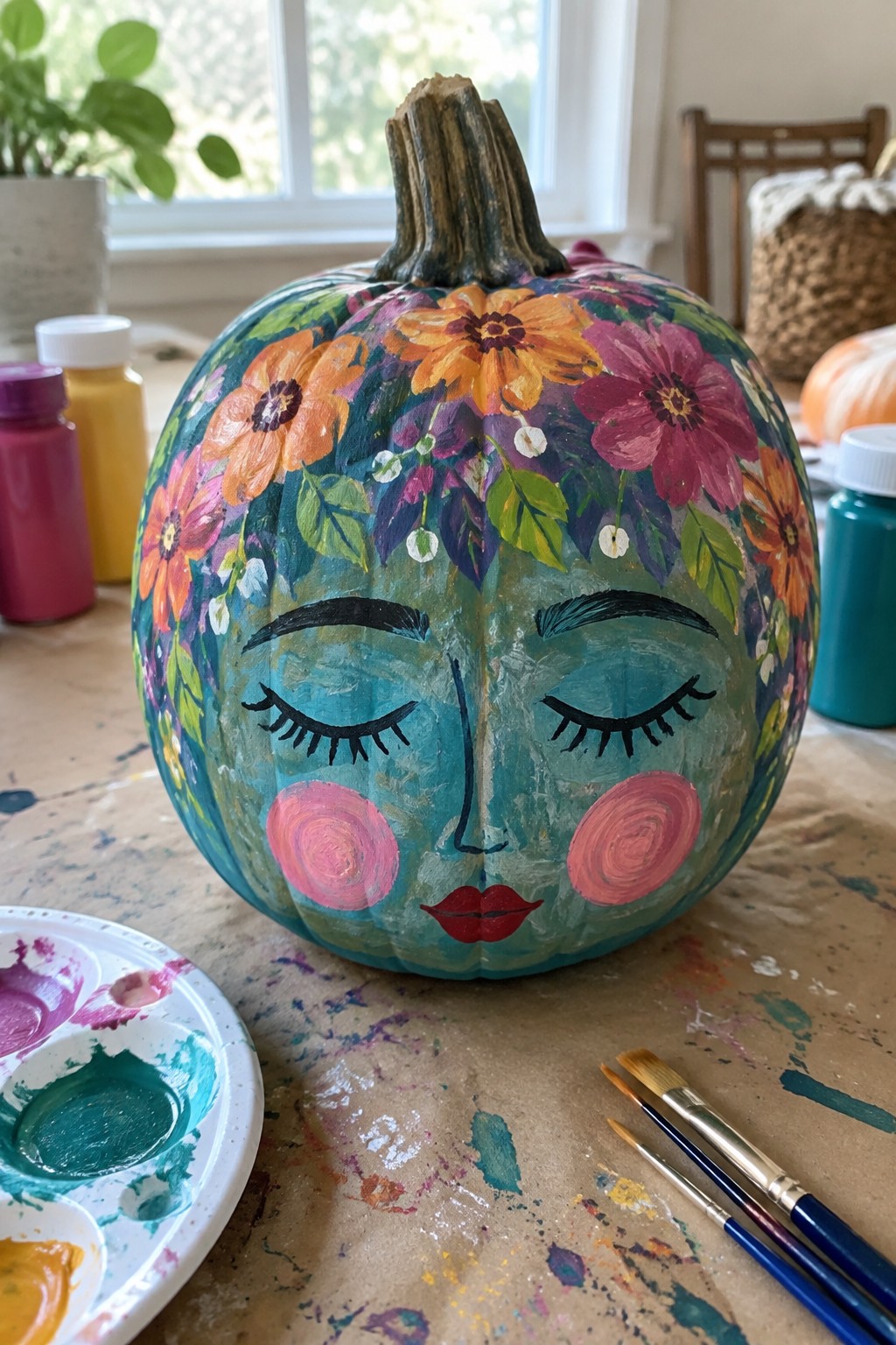 Colorfully painted pumpkin with floral crown, closed eyes, pink cheeks on paint-covered table