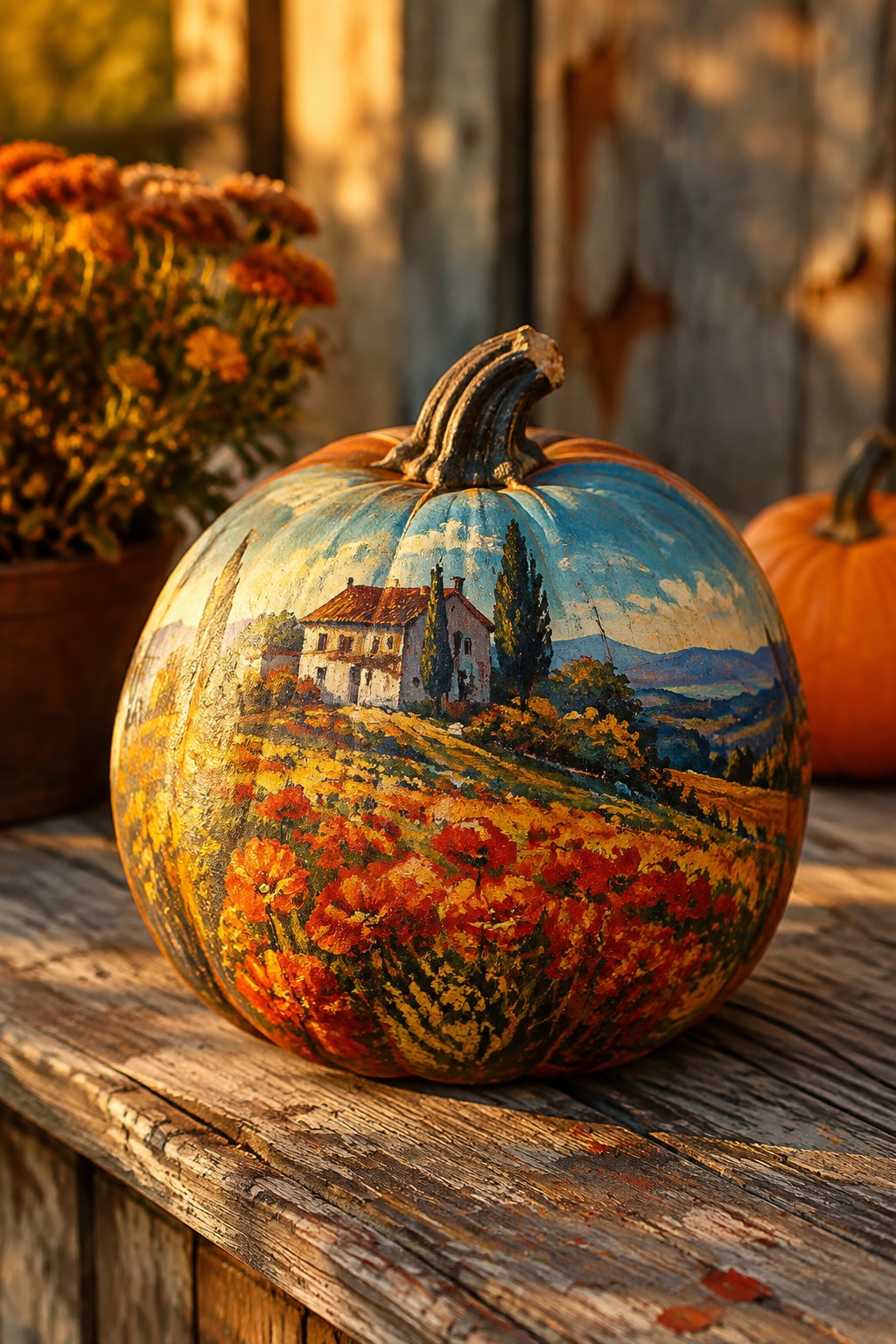 A large pumpkin painted with a detailed countryside landscape including a house, fields of red flowers, trees, and mountains, sitting on a wooden surface.
