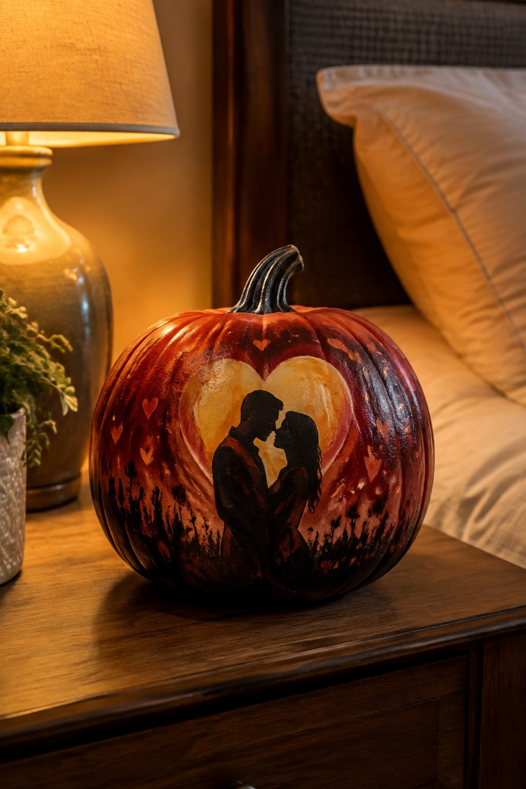 A painted pumpkin on a wooden nightstand showing a couple silhouette inside a glowing heart with smaller hearts and a field scene at the base.