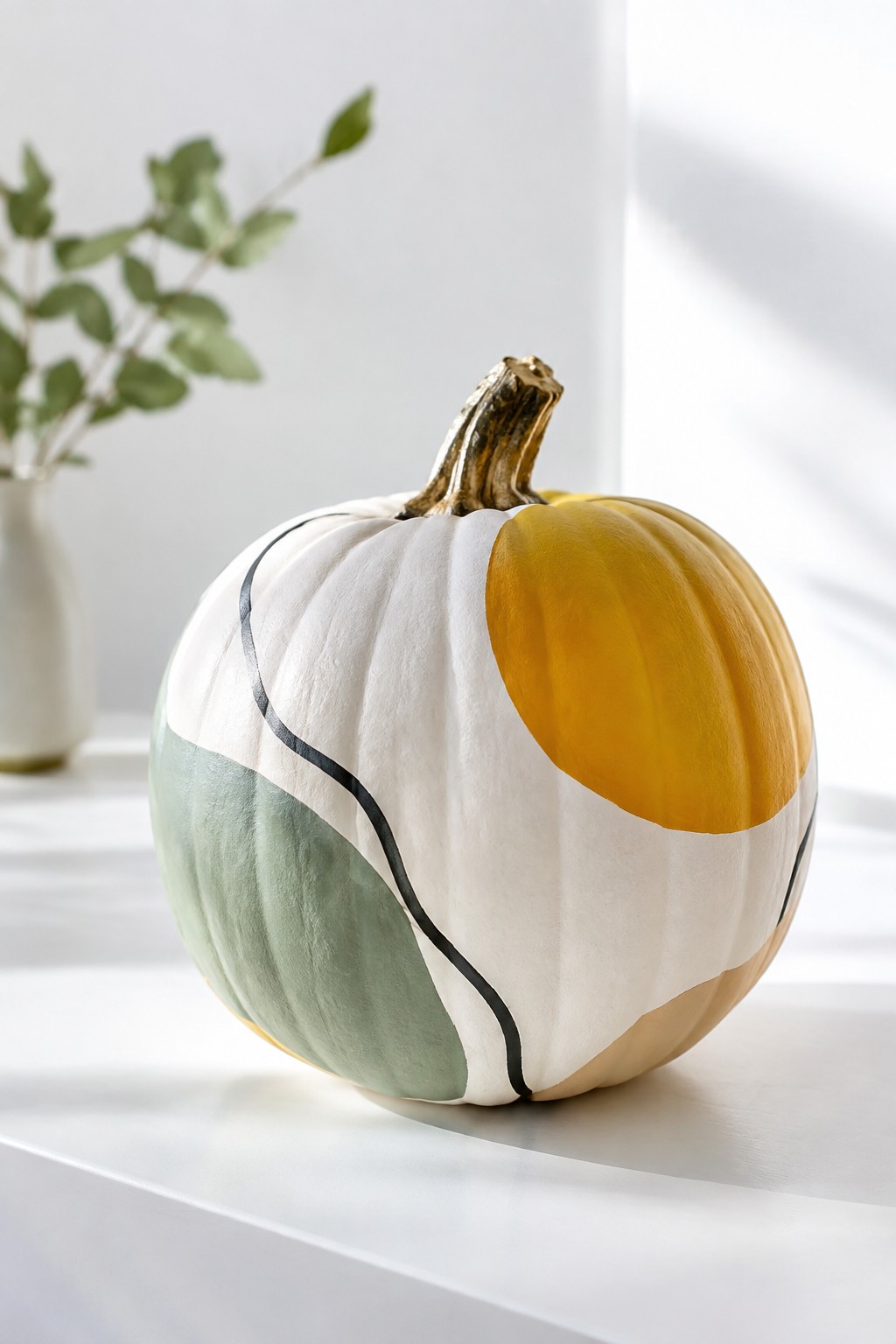 A white pumpkin painted with abstract sections of white, sage green, mustard yellow, and beige divided by black lines, sitting on a white surface.