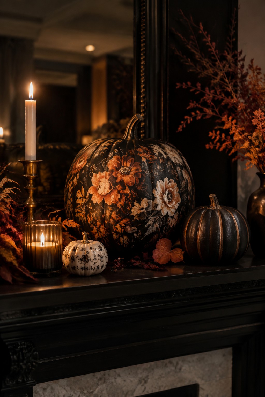 Fireplace mantel decorated with a large black pumpkin painted with orange and cream flowers, two smaller painted pumpkins, and lit candles.