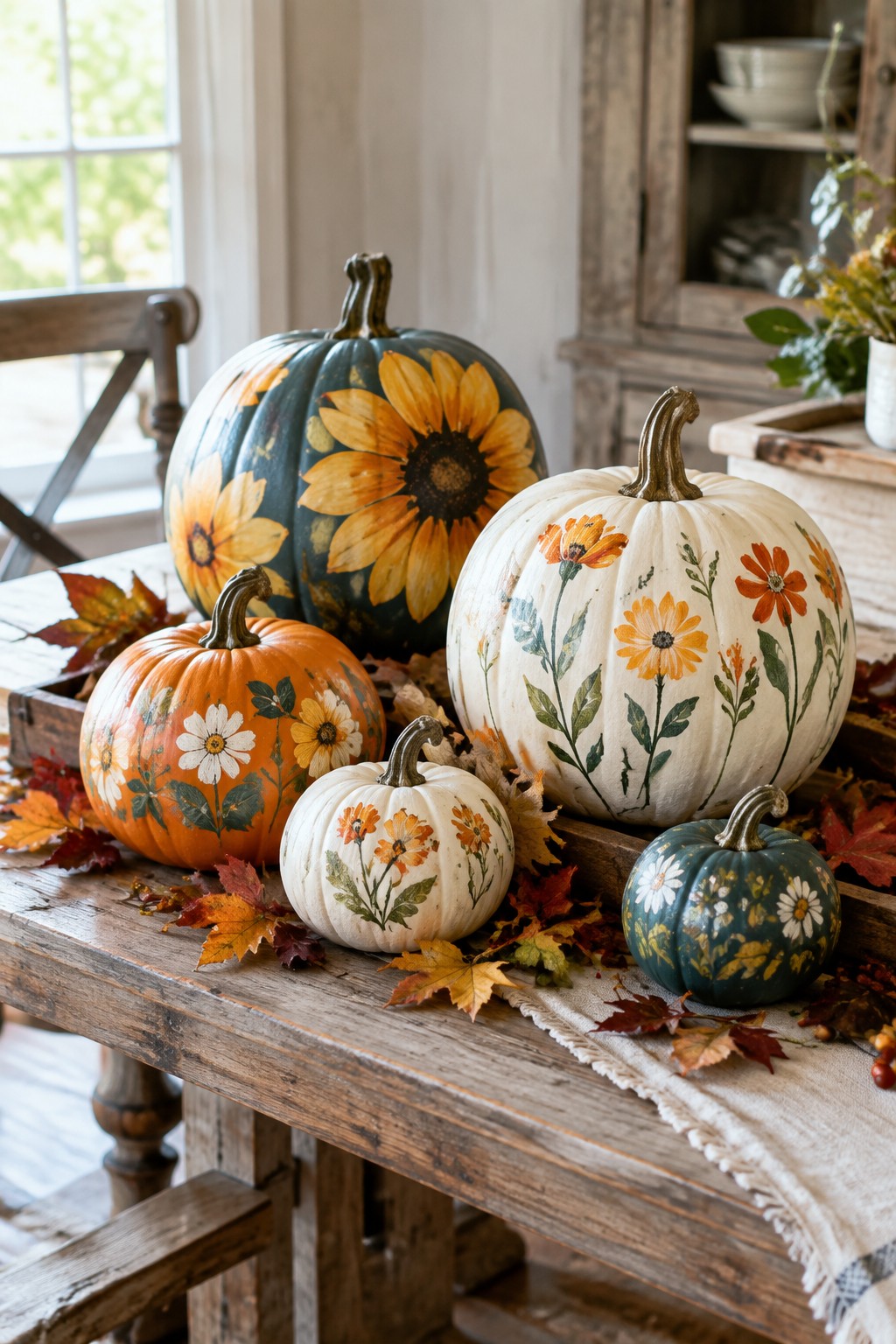 Several pumpkins painted with sunflowers, daisies, and leaves arranged on a wooden table with scattered autumn foliage.