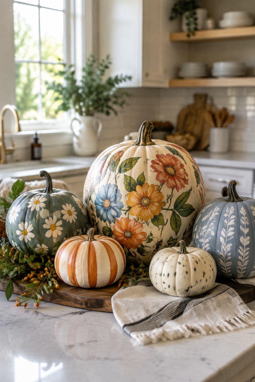 Painted pumpkins with floral and patterned designs grouped on a wooden board on a kitchen counter.
