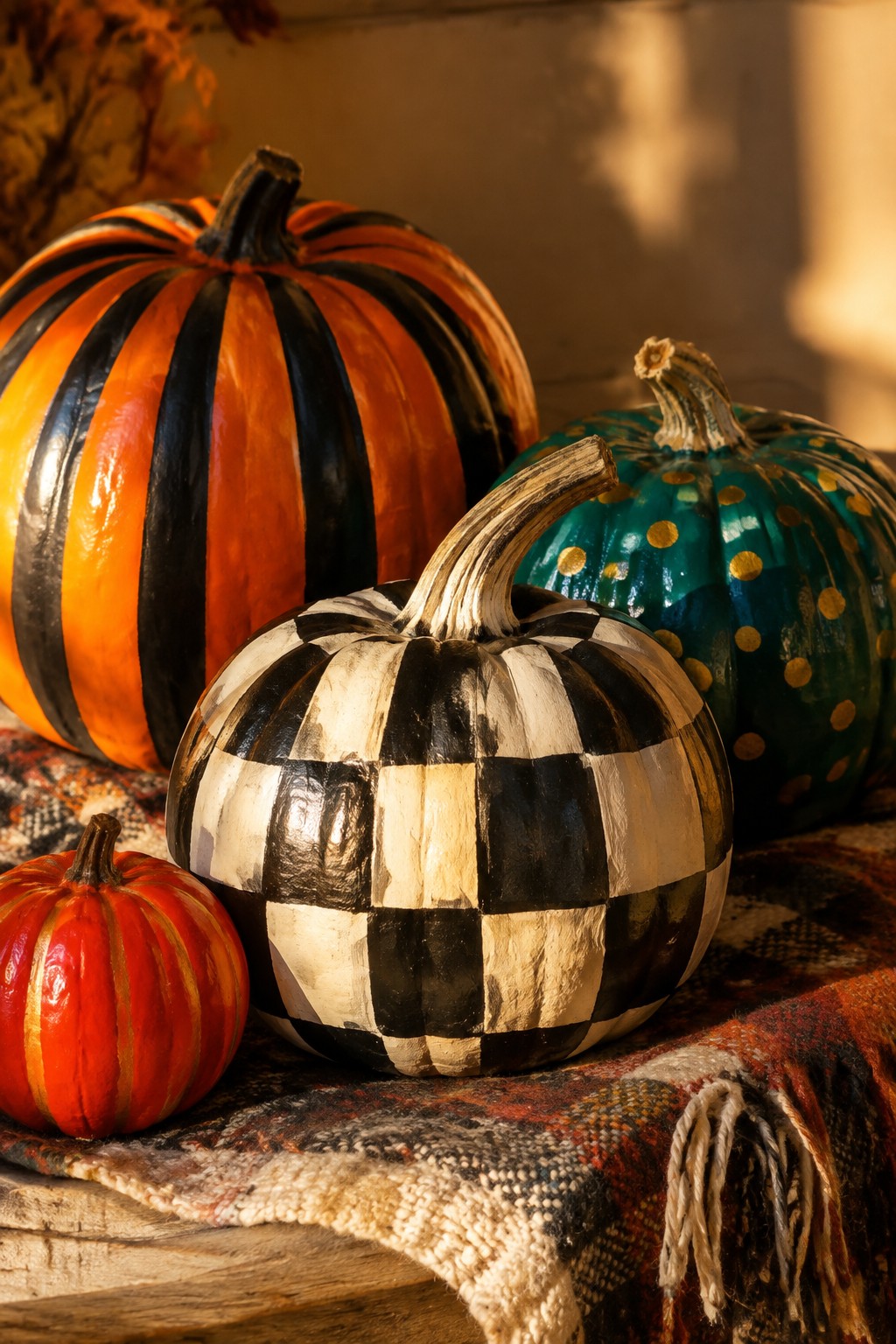 Painted pumpkins with orange and black stripes, a black and white checkerboard pattern, and teal with gold dots arranged on a plaid blanket.