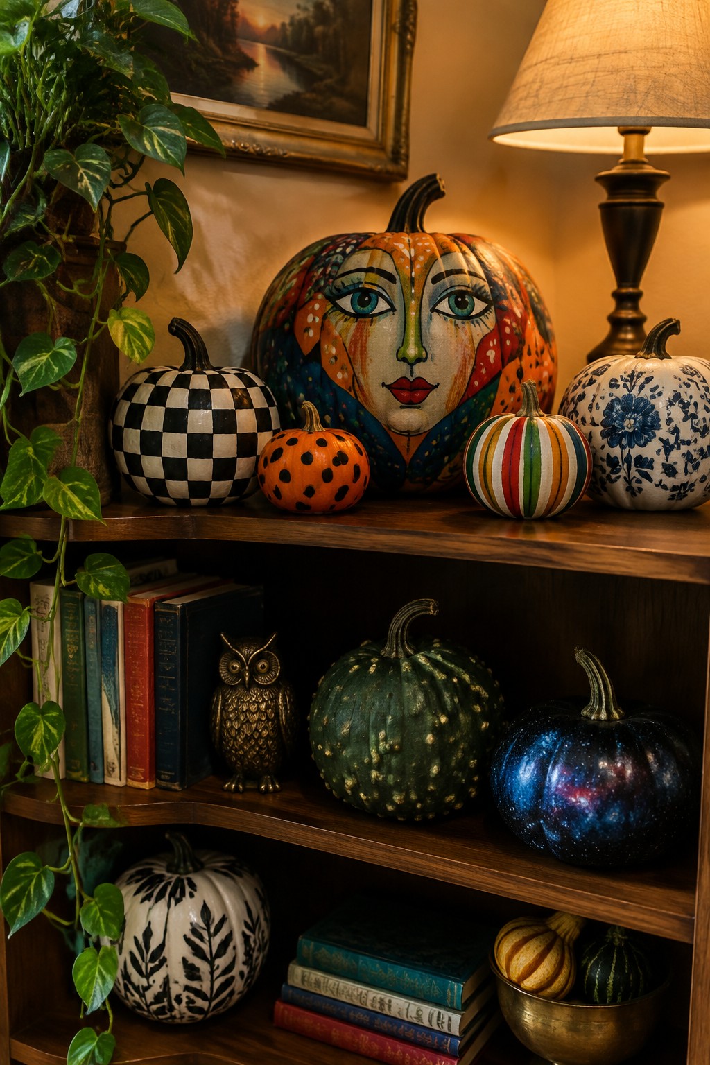 Wooden shelves holding multiple painted pumpkins with faces, stripes, checks, and other patterns next to books and a trailing plant.