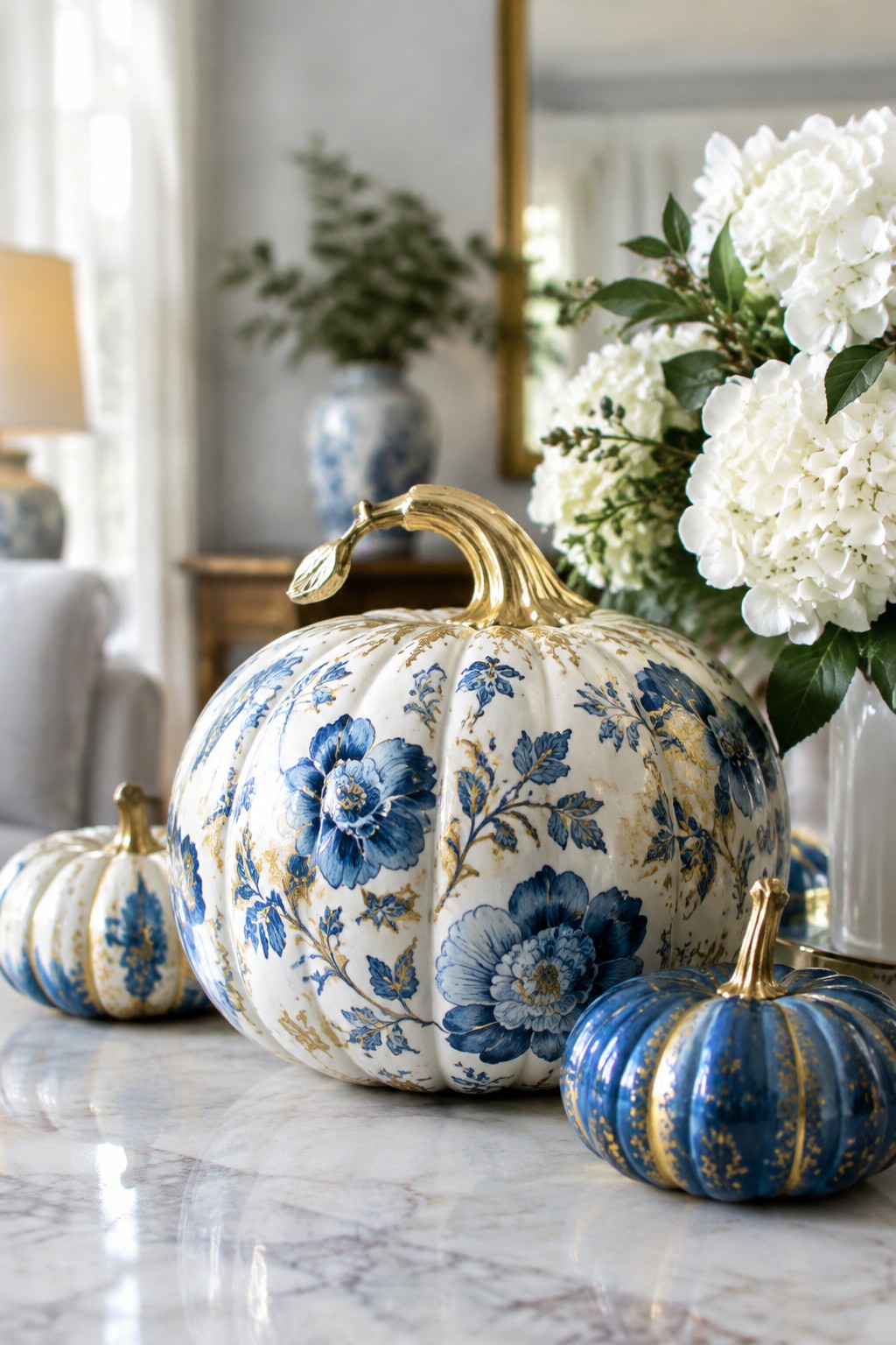 Three pumpkins painted with blue floral patterns and gold accents sit on a marble surface next to white flowers.