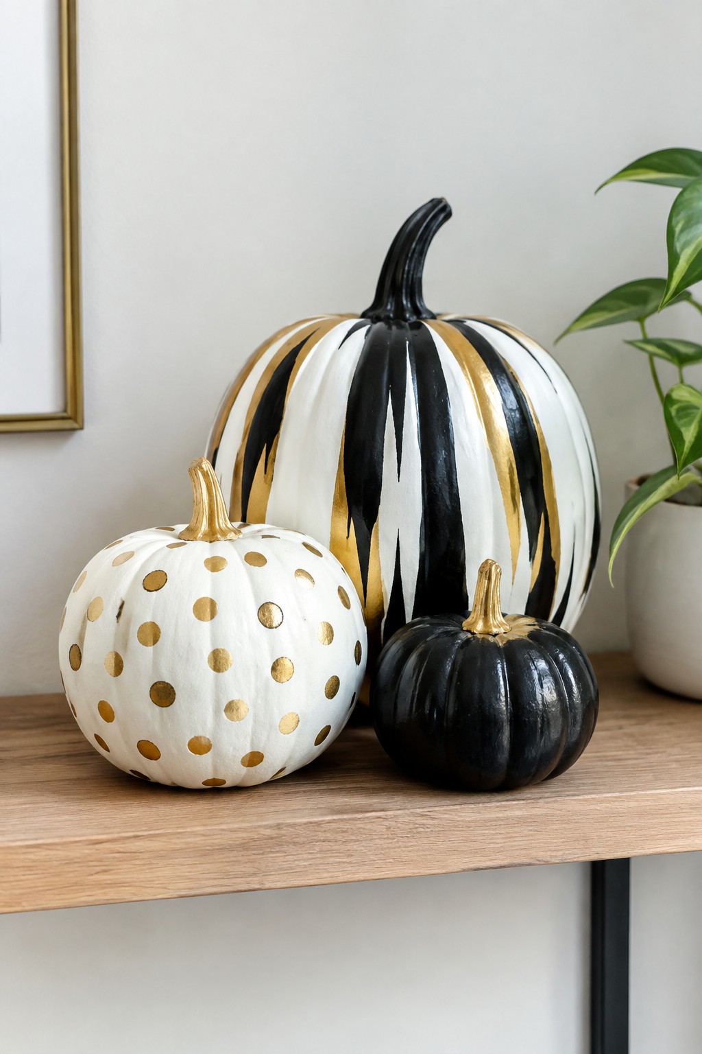 Three painted pumpkins arranged on a wooden surface, featuring a small white pumpkin with gold dots, a large pumpkin with black and gold stripes, and a small solid black pumpkin.
