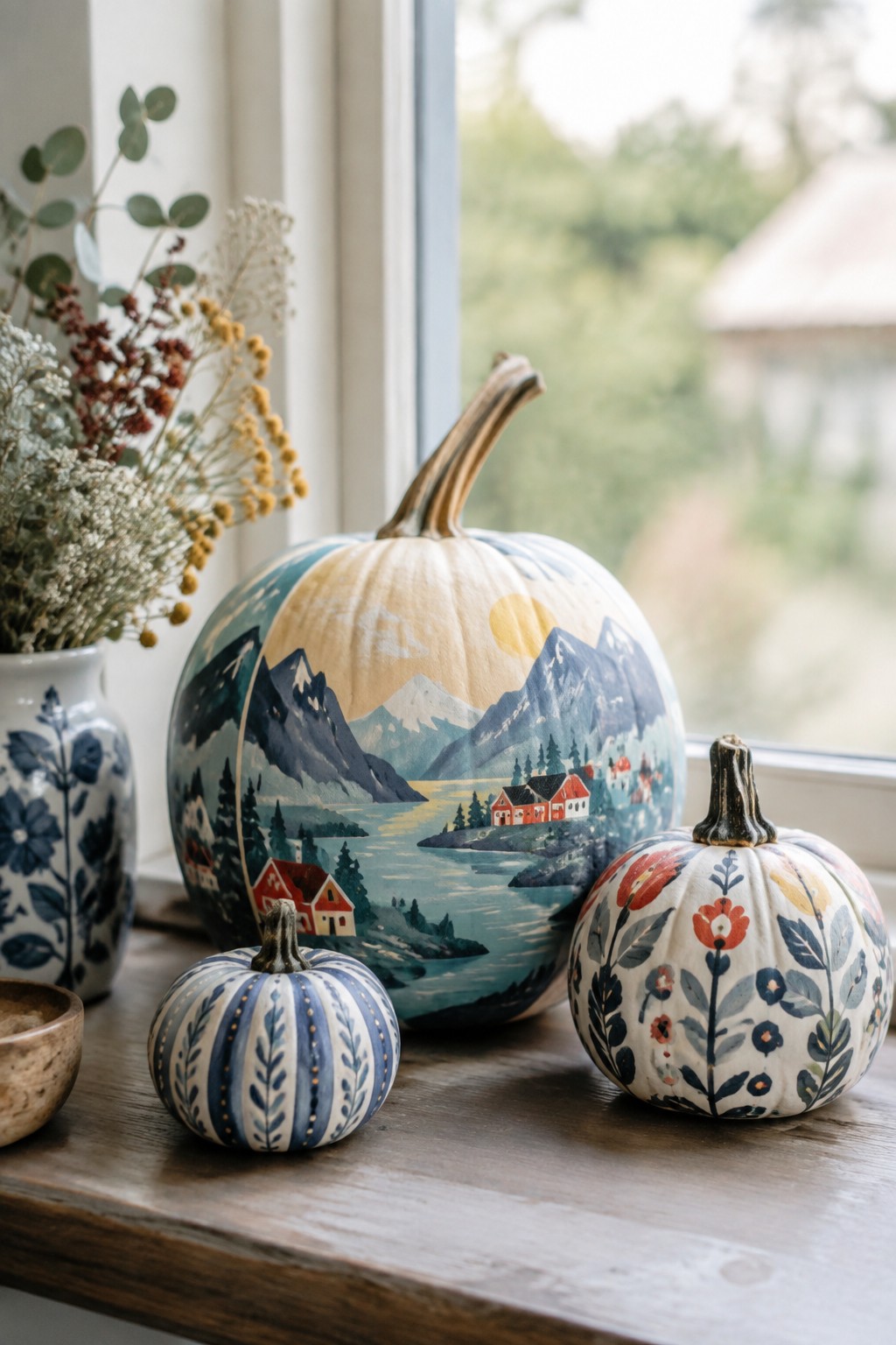 Three painted pumpkins arranged on a wooden windowsill, with one large pumpkin showing a mountain and village scene and two smaller ones featuring striped and floral patterns.