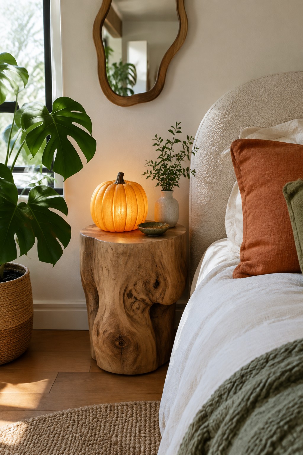 Cozy bedroom with glowing pumpkin lamp on rustic wooden stump beside bed with orange pillow