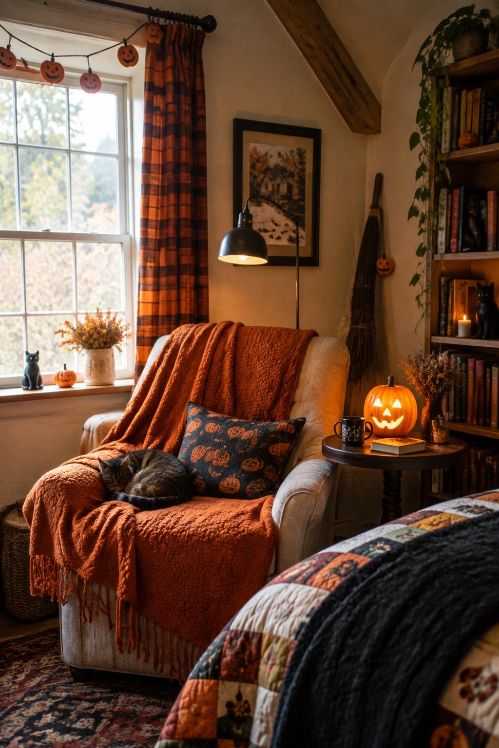 Living room corner with a glowing carved pumpkin night light on a wooden side table next to an armchair with a pumpkin patterned pillow.