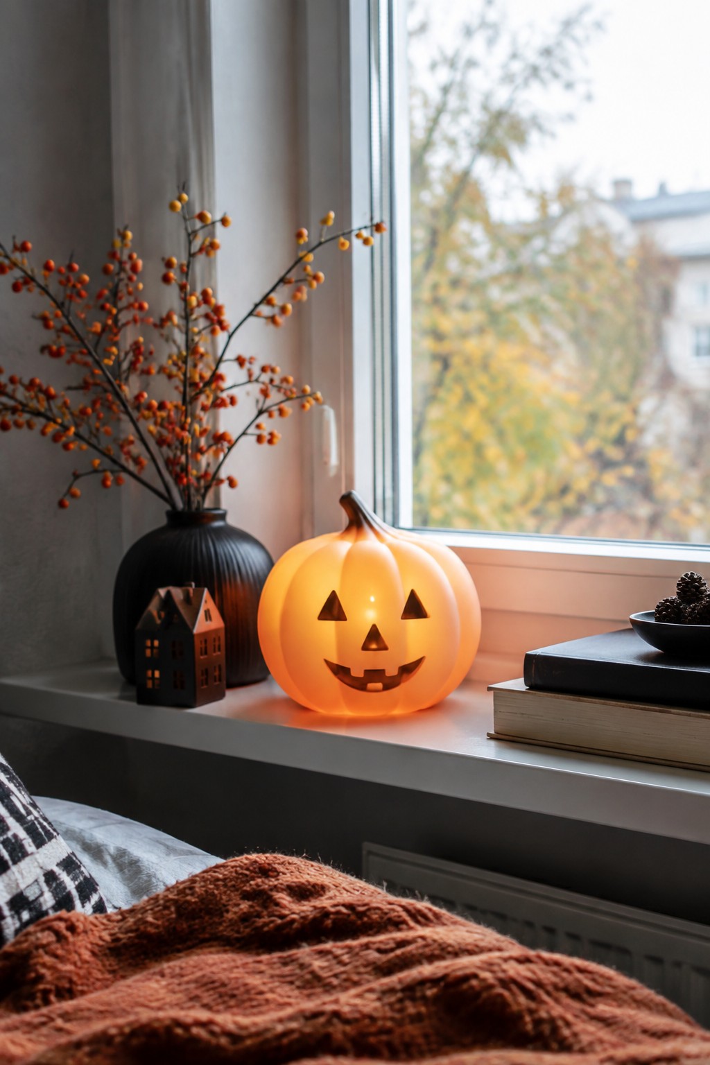 A lit jack-o'-lantern night light sits on a windowsill next to a black vase with orange berries and stacked books.