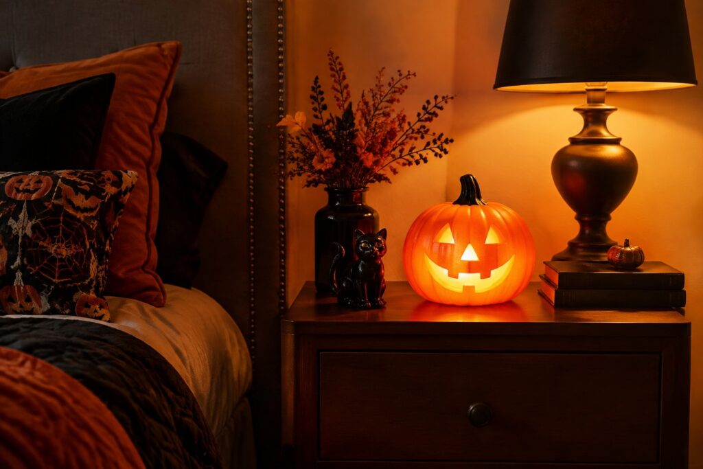 A carved and lit jack-o'-lantern sits on a wooden nightstand next to a bed with pillows and an orange blanket.
