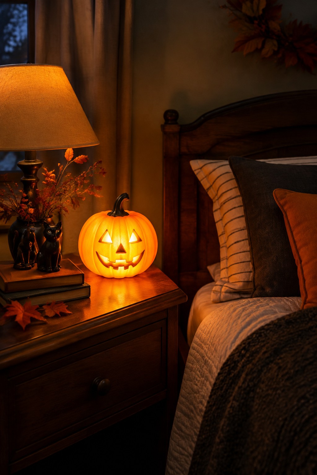 A carved jack-o'-lantern glowing on a wooden nightstand next to a bed in a bedroom.