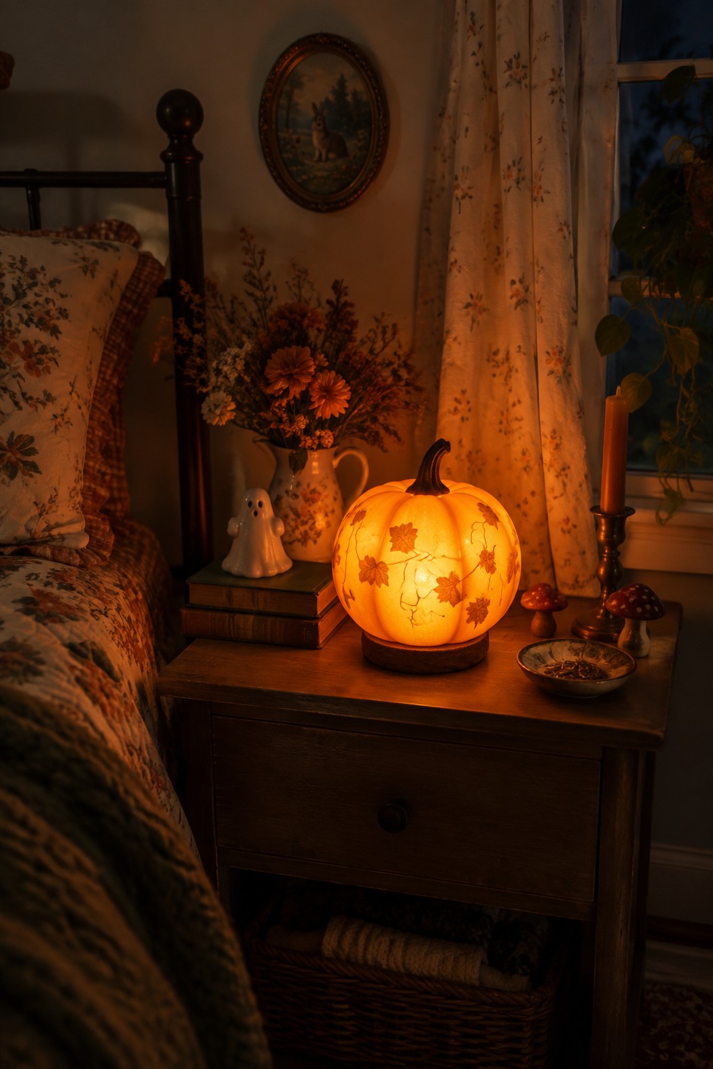 A glowing carved pumpkin night light with leaf cutouts sits on a wooden nightstand next to a bed in a dimly lit bedroom.