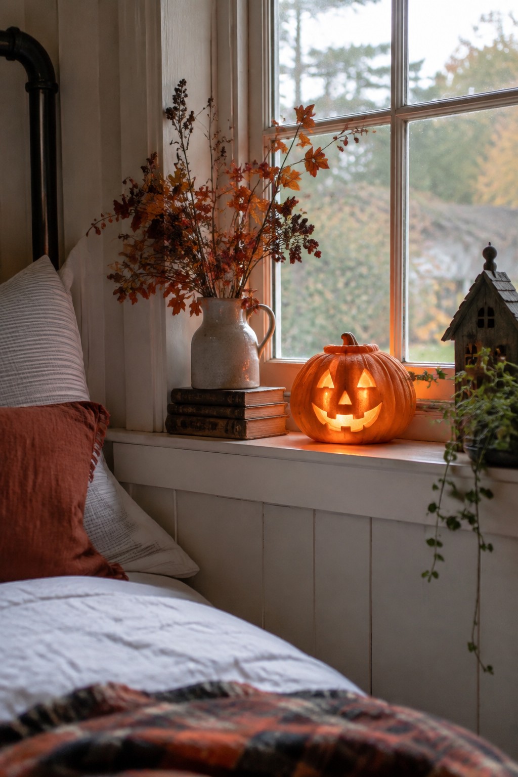 A carved and glowing jack o' lantern sits on a bedroom windowsill next to a vase of autumn branches and stacked books.